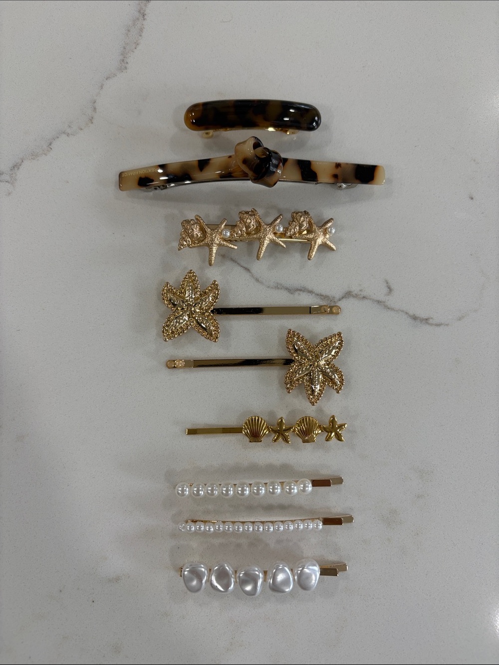 Tortoiseshell & Gold Pearl Seashell Beach Hair Clip Set of 9